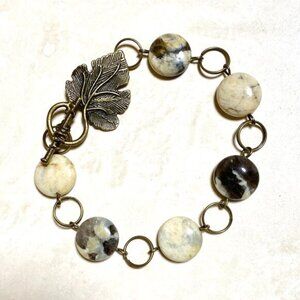 2/20, Natural Septarian Stone Bracelet, Genuine Gemstone + Bronze Grape Leaf